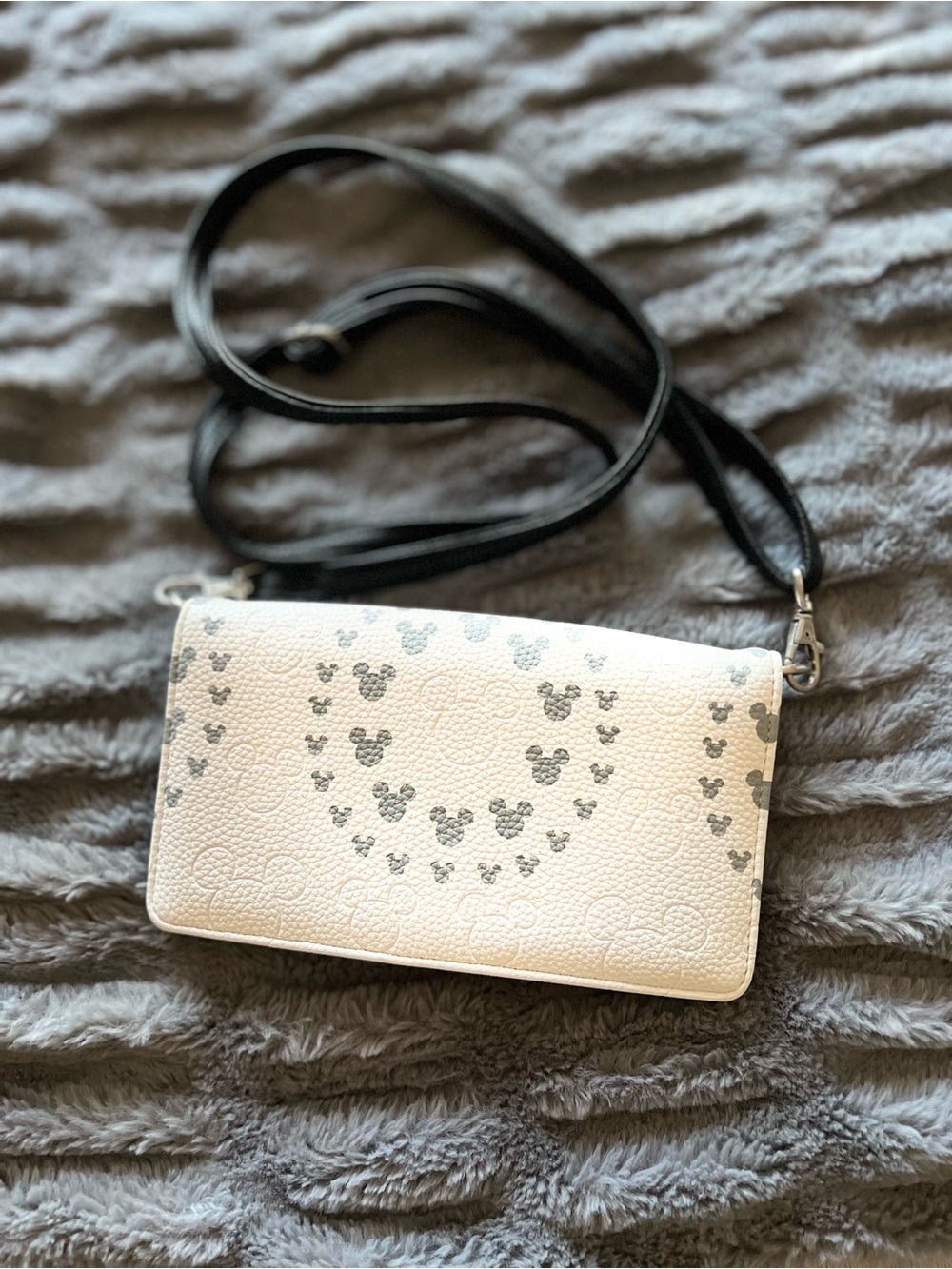 White Crossbody Wallet Purse with Gray Mickey Head Print